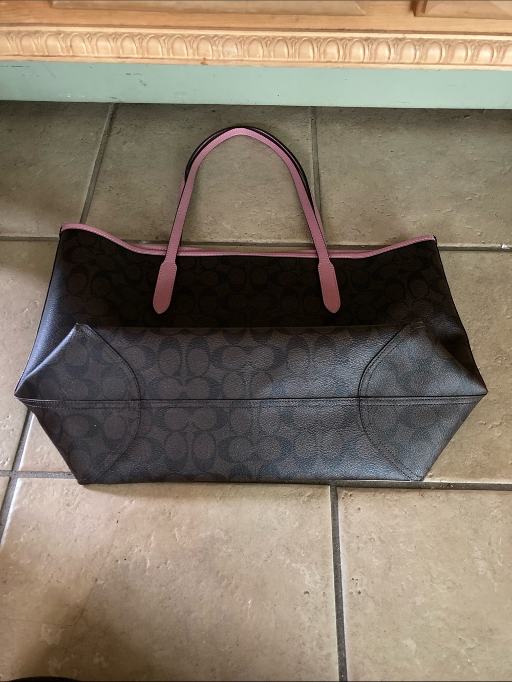 Coach Brown Signature Tote with Pink Trim and Straps - Picture 6 of 7